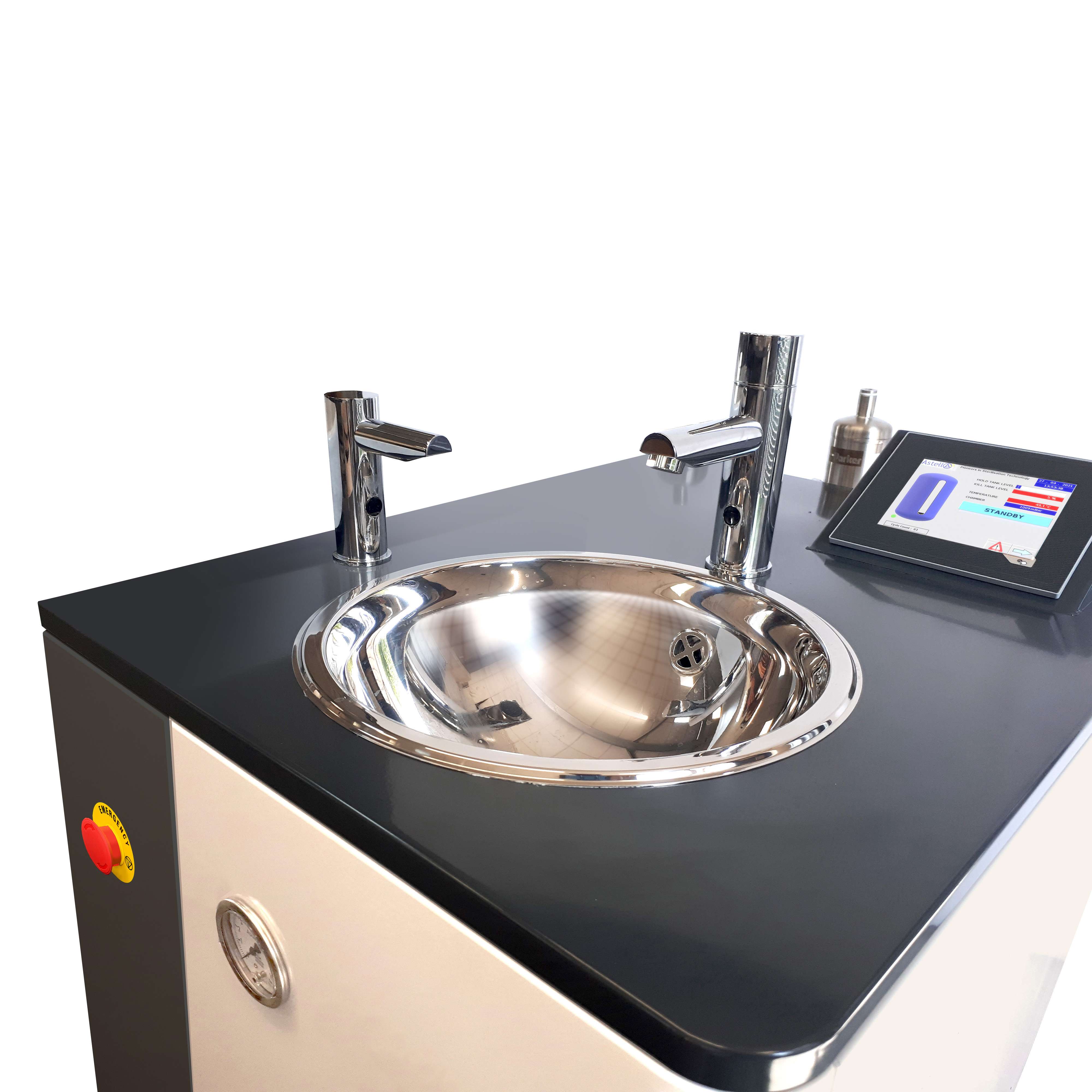 Closeup of the basin, featuring optional automatic soap dispenser and CAT III filter for BSL3 / CL3 / Hazard Group 3 Biological materials